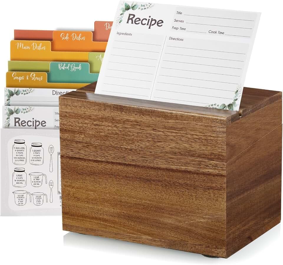 DRASTAR Recipe Card Box, Acacia Recipe Holder 4x6, Recipe Organizer with 50 Cards and 6 Dividers, Index Card Box, Wooden Box for Kitchen Countertop