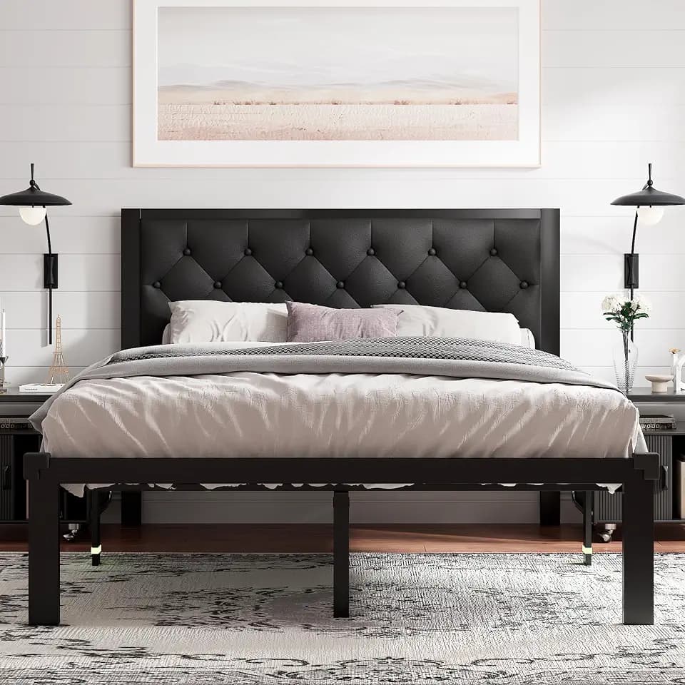 Feonase Full Size Metal Bed Frame with Faux Leather Button Tufted Headboard, Heavy-Duty Platform Bed Frame with 12" Storage, Steel Slats Support, No Box Spring Needed, Noise Free, Matte Black