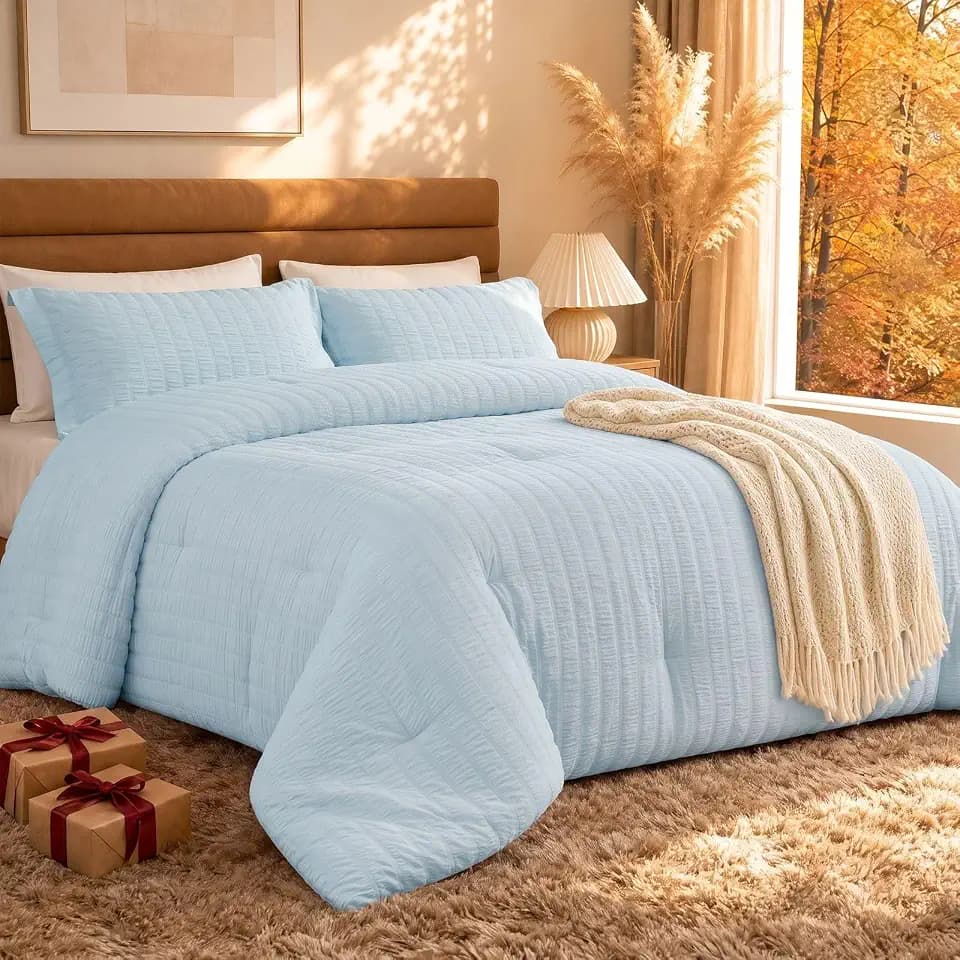 Quataly Queen Comforter Set Seersucker Lightweight Bed Set for All Season