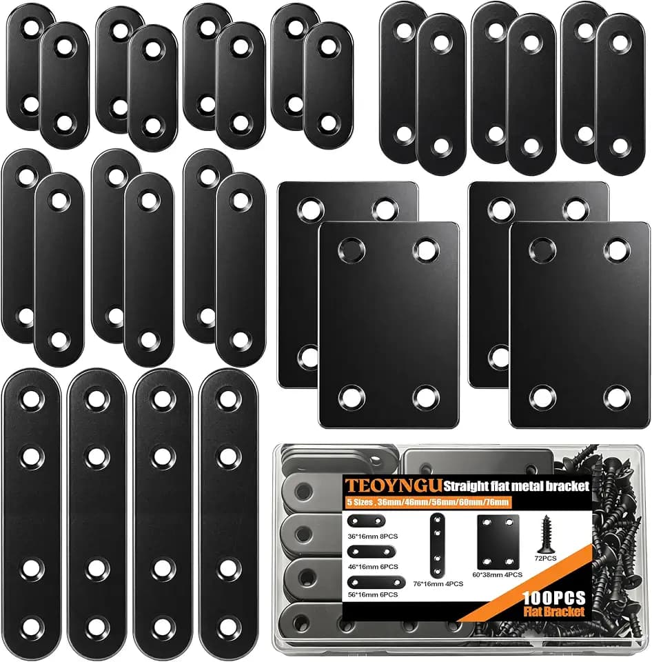 100PCS Flat Plate Straight Bracket,36mm/46mm/56mm/60mm/76mm Flat Brace Bracket, 5 Sizes Stainless Steel Metal Brace Bracket for Wood