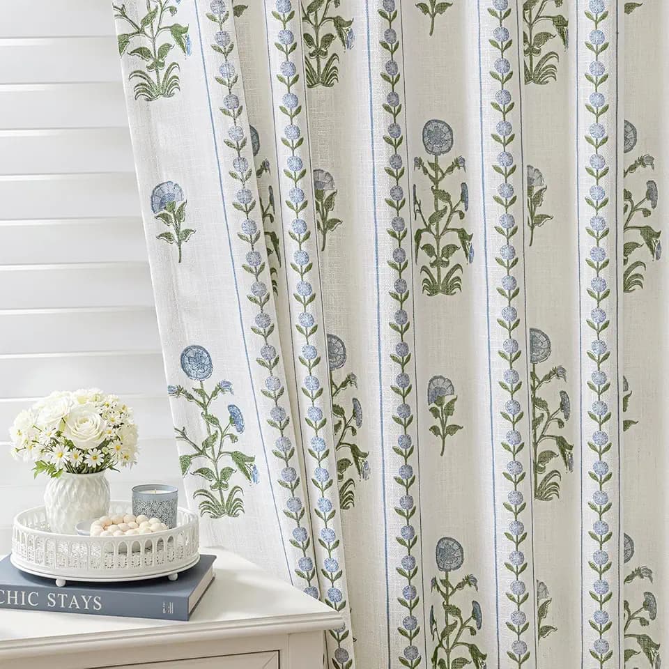 Flower Pinch Pleated Linen Curtains,Blue & White,40" W x 96" L