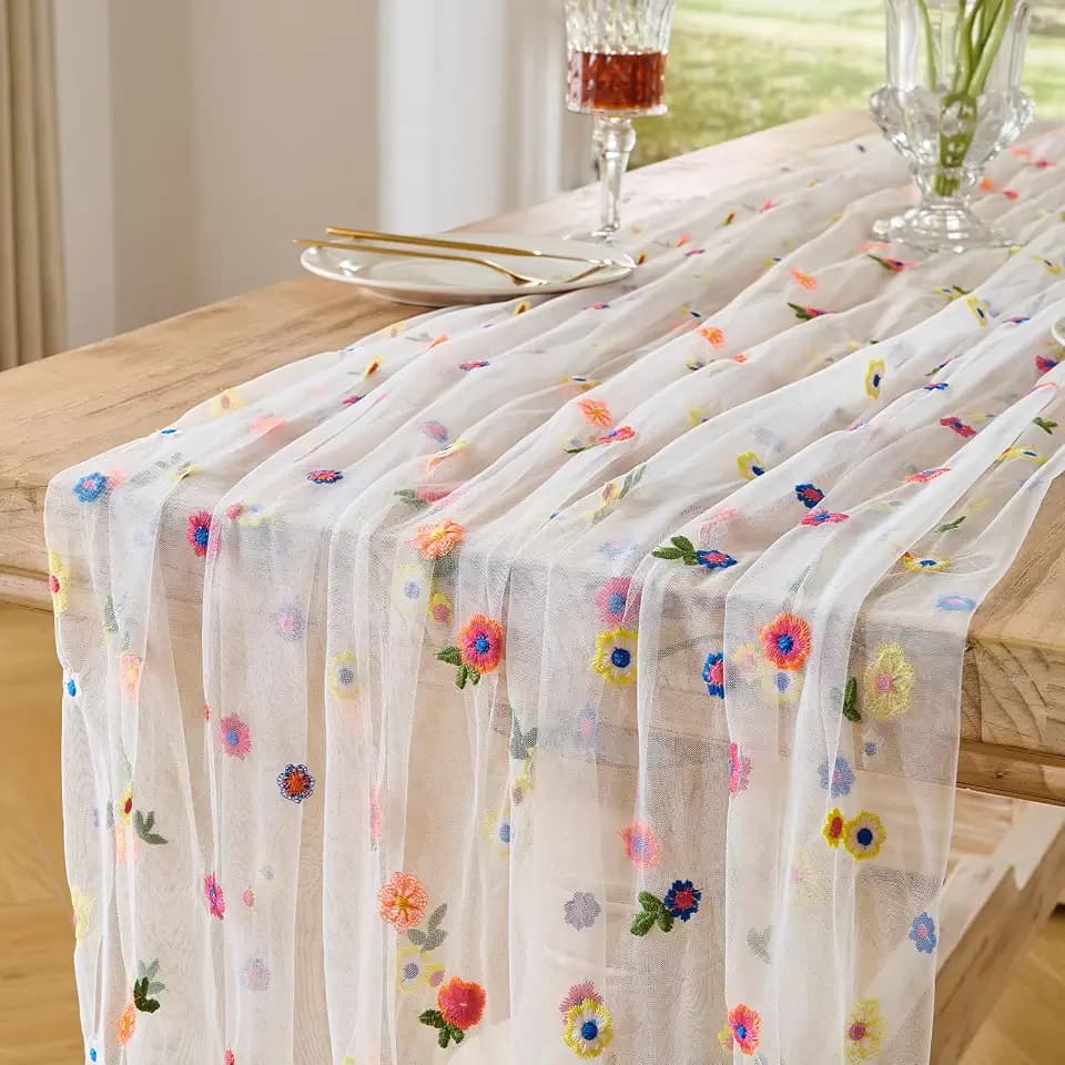 BINBE 12pcs Daisy Spring Table Runner Embroidery Gauze 10FT Florals Seasonal Tulle Holiday Birthday Kitchen Dining Table Decor for Home Party Ivory