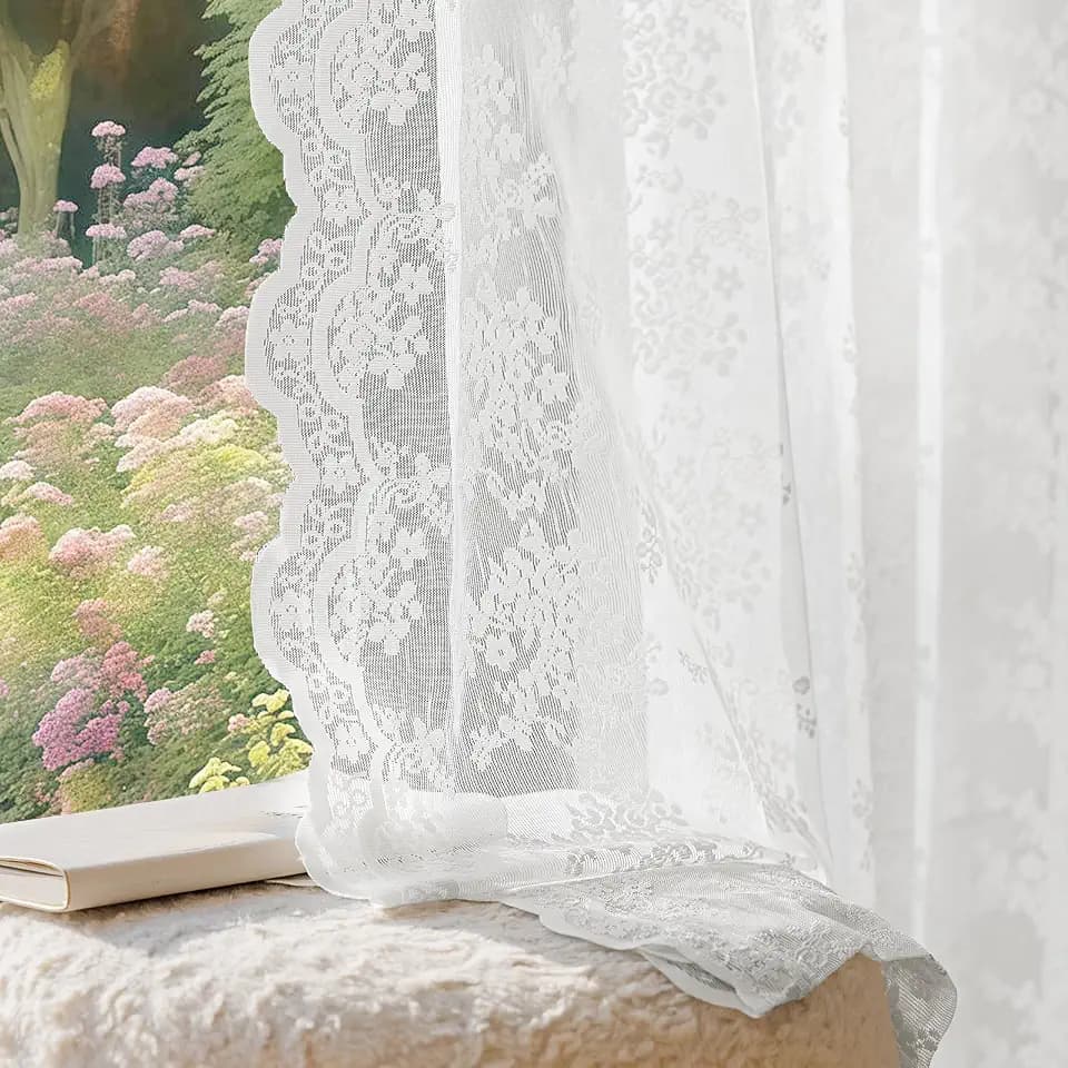 Anmao Vintage Lace Curtains 63 Inches Long 2 Panels Set, Romantic Elegant Light Filtering Semi Sheer Floral Thick Lacy Curtain Drapes for Living Room and Bedroom, Each Panel 55W x 63L, Bright White