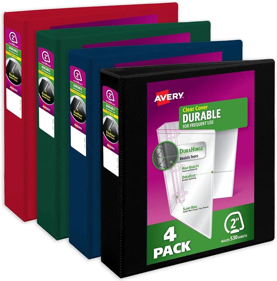 Avery® Durable View 3 Ring Binders, 2" Ring, 4 Assorted Dark Binders