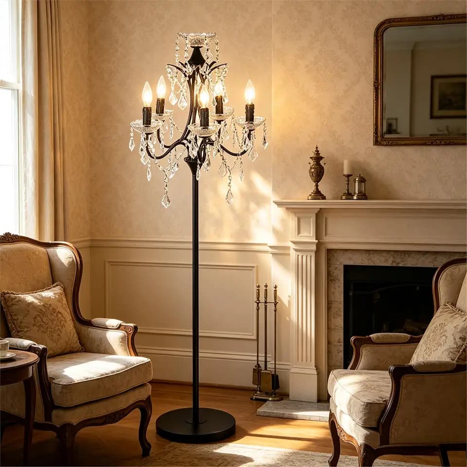 5-Light Black Crystal Candelabra Floor Lamp, 65" Tall Antique Chandelier Floor Lamp with Black Accents & Foot Switch, Standing Floor Lamps for Living Room, Bedroom, Dining Room (E12 Base)