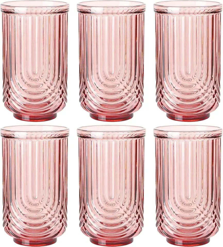 JOVGANK Pink Vintage Glassware Set of 6 - 17oz Highball Cocktail Glasses with Arched Ripple Design for Water, Coffee, Juice, Whiskey, Bar, Ice, Housewarming Gifts
