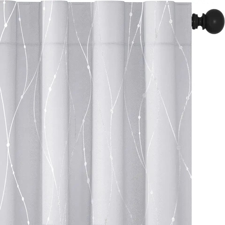 Deconovo Blackout Back Tab Curtains with Geometric Pattern, Room Darkening, Heat Blocking, Energy Saving Drapes for Bedroom, Living Room, 2 Panels, Greyish White, 52W x 63L Inch, Wave Dots