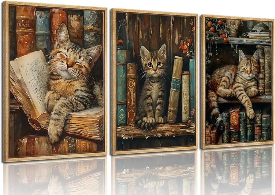 3Pcs Sleepy Library Cat Wall Art The Cats Fell Asleep In The Bookshelf Wall Decor Pictures Bookish Cat Canvas Posters Print for Cafe Bedroom Bookshelf Library Funny Wall Decoration 16x24in Unframed