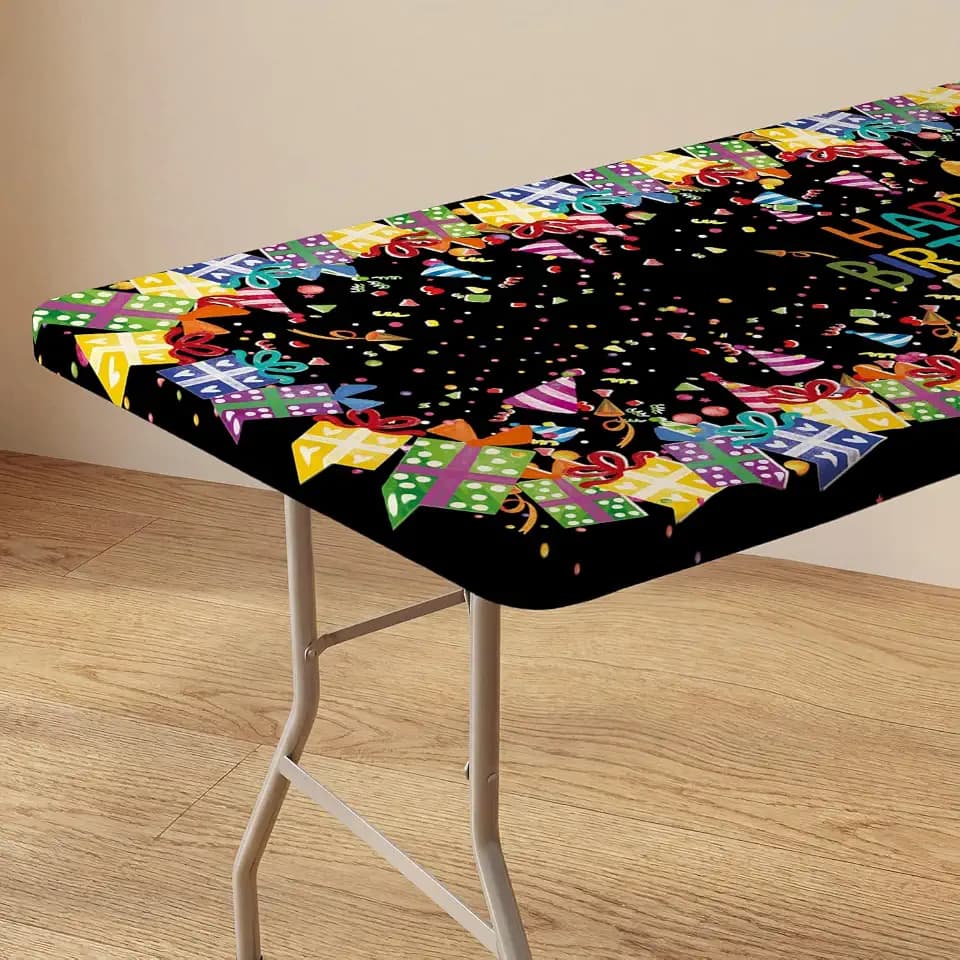 Horaldaily Fitted Tablecloth for 5ft Rectangle,Happy Birthday Gift Black