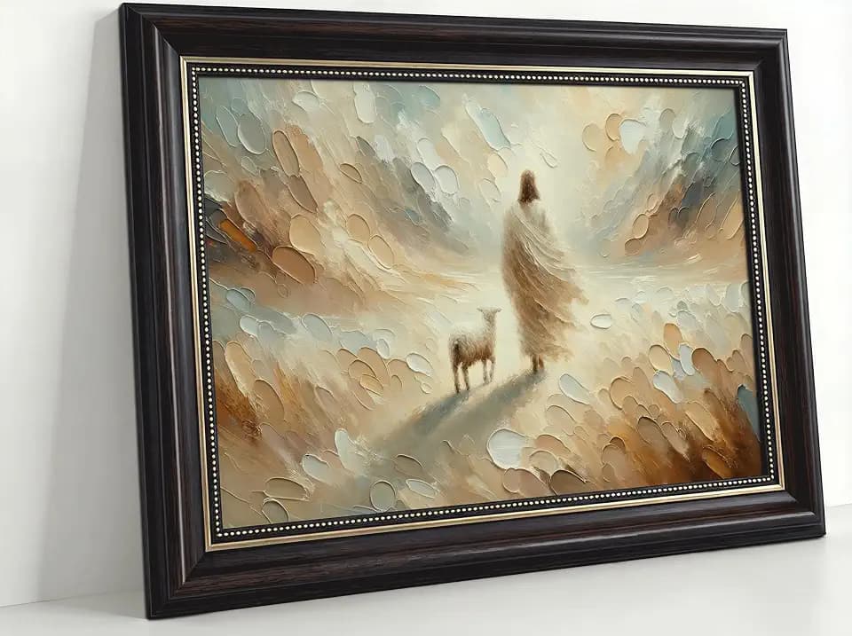Dark Brown Framed Jesus Leaves The 99 Sheep Canvas Wall Art Christian Jesus God Savior Wall Decor Picture The Lost Lamb Poster Print Painting for Living Room Bedroom Church Decorate