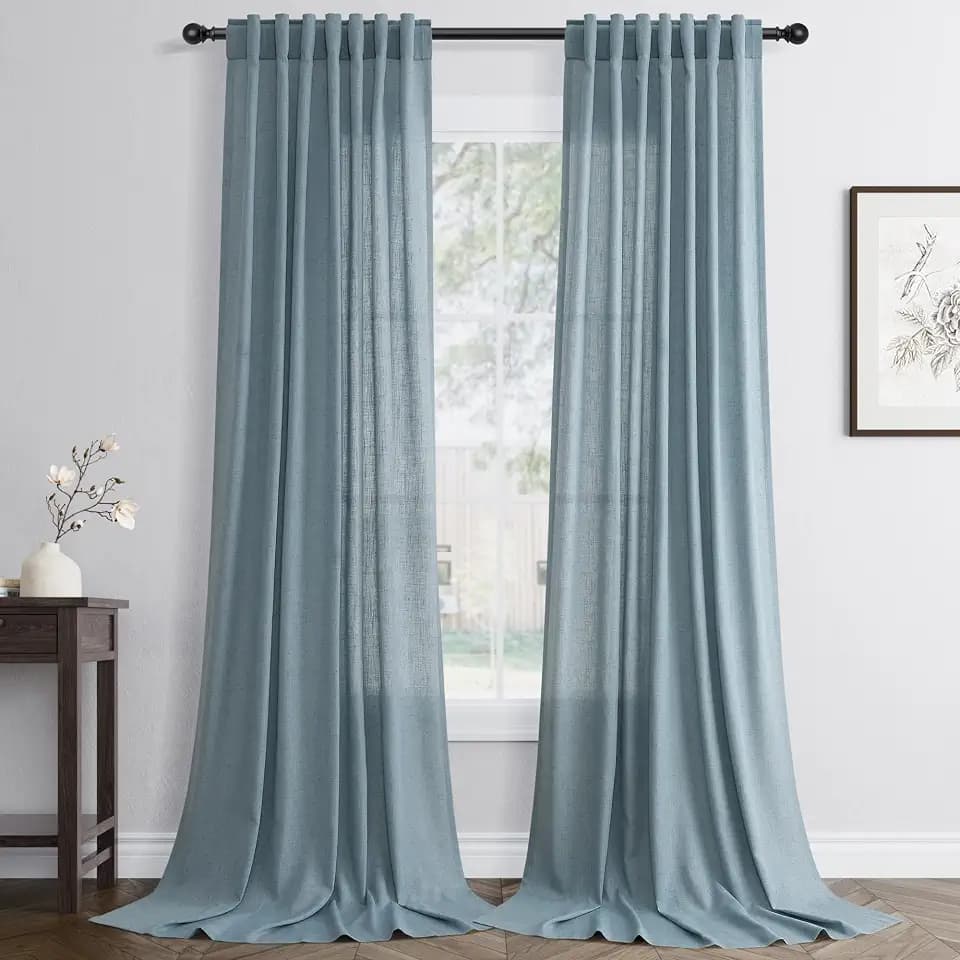 Jowels Blue Linen Curtains 90 Inch Long 2 Panels for Living Room