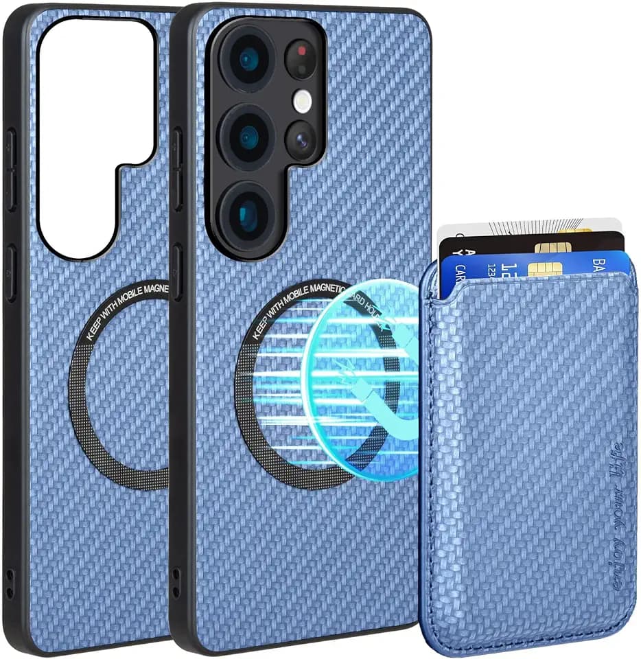 Designed for Samsung Galaxy S25 Ultra Case, Galaxy S25 Ultra Case with Card Holder, Supporting for Mag-Safe & Magnet, Knitted PC Cover with Soft TPU Edges, Anti-Slip & Shock-Absorbing(Blue)
