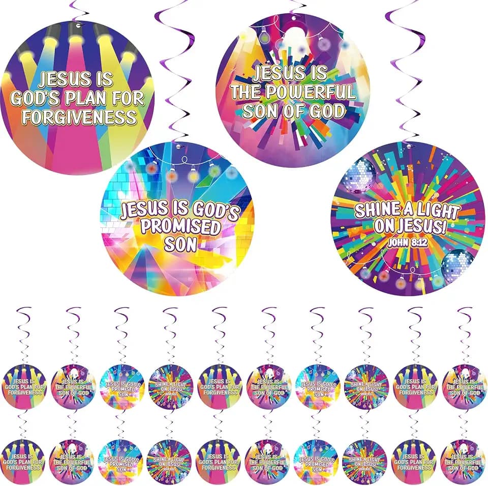 ReliThick 24 Pack 2026 VBS Hanging Decorations Illumination Themed Spiral Swirl Decorations Jesus is The Light Spiral Paper Hanging Decor for Summer Sunday School Religious Church Classroom