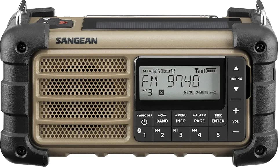 Sangean MMR-99 Multifunktionales Notfallradio mit Handkurbel, FM-RDS, Bluetooth, LED-Taschenlampe und IP55-Zertifizierung, Ideal für Outdoor, Camping und Notfälle, Desert Tan