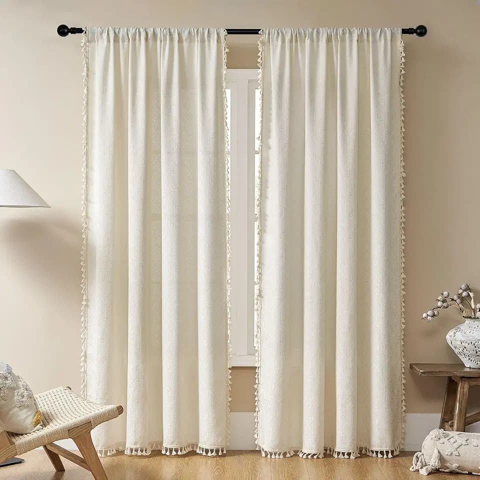 Joydeco Linen Beige Boho Curtains 96 Inch, 2 Panels with Tassels