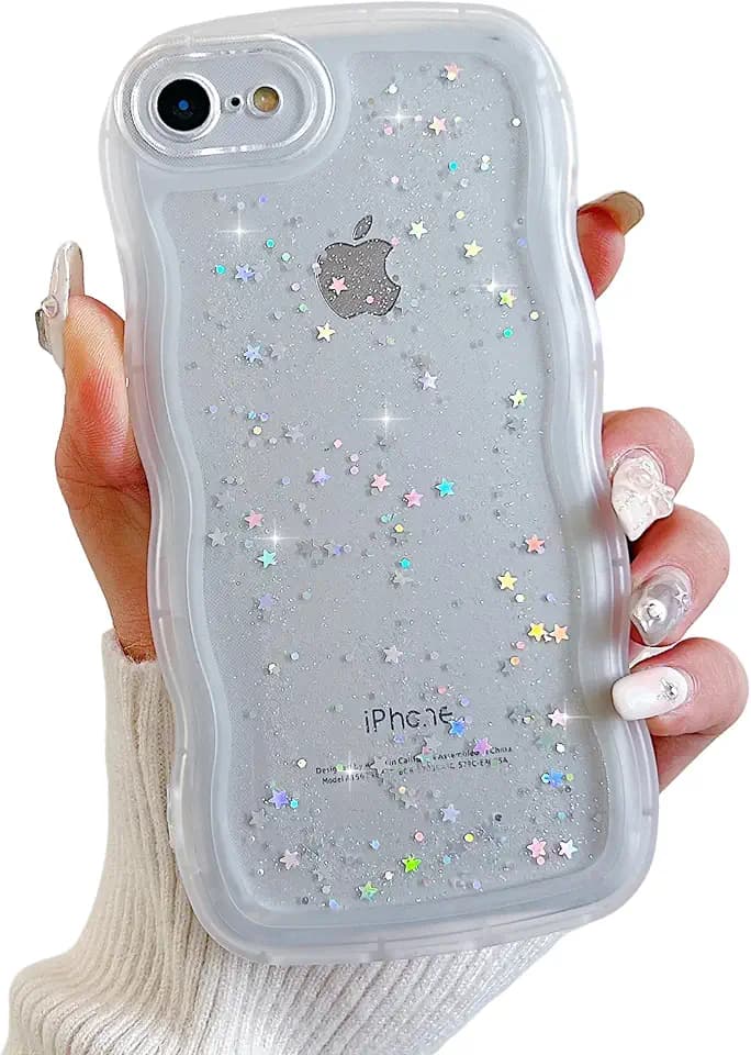 Kompatibel mit iPhone 7/8/SE 2020/SE 2022 Hülle für Mädchen, niedliche durchsichtige glitzernde Bling-Stern-Design gewellte Hülle stoßfest schützend schlank weiches TPU-Glitzer-Cover für iPhone