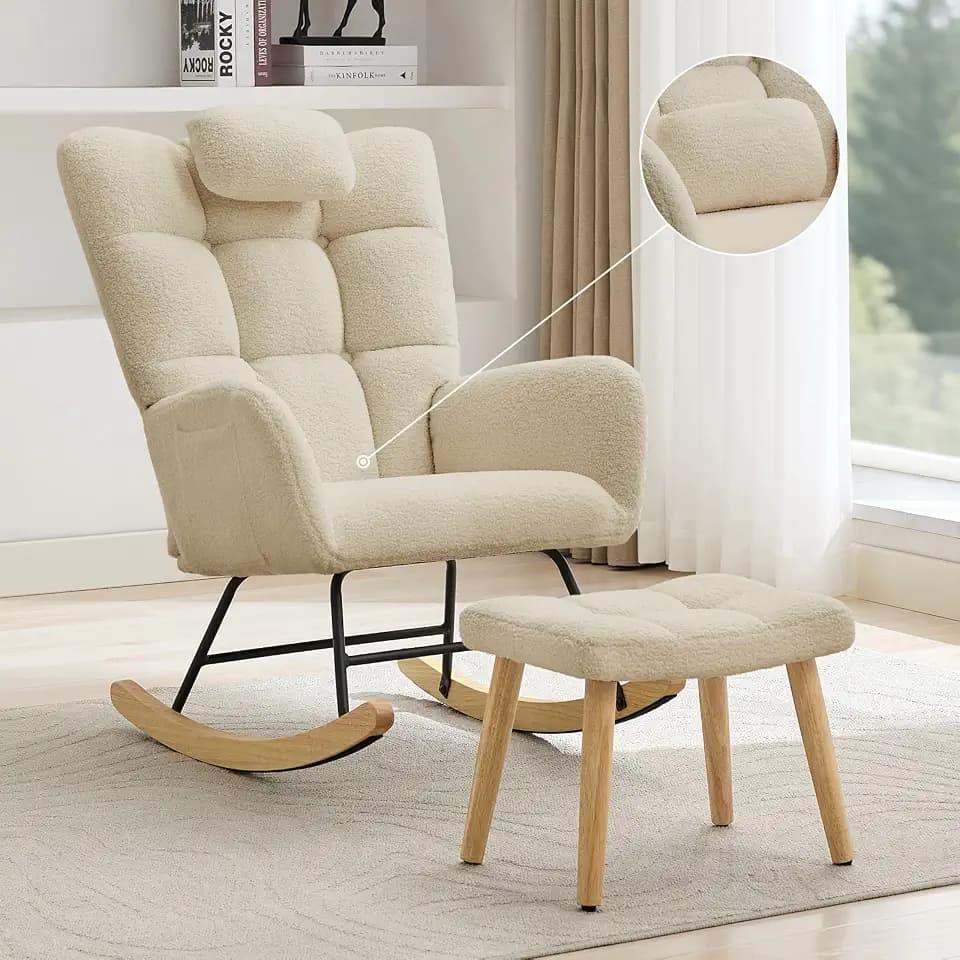 Garvee Nursery Rocking Chair with Ottoman, Teddy Upholstered Glider Rocking Chair with High Backrest, Armchair Reading Chair for Adults, Nursery, Bedroom, Living Room, Office, Beige with Ottoman