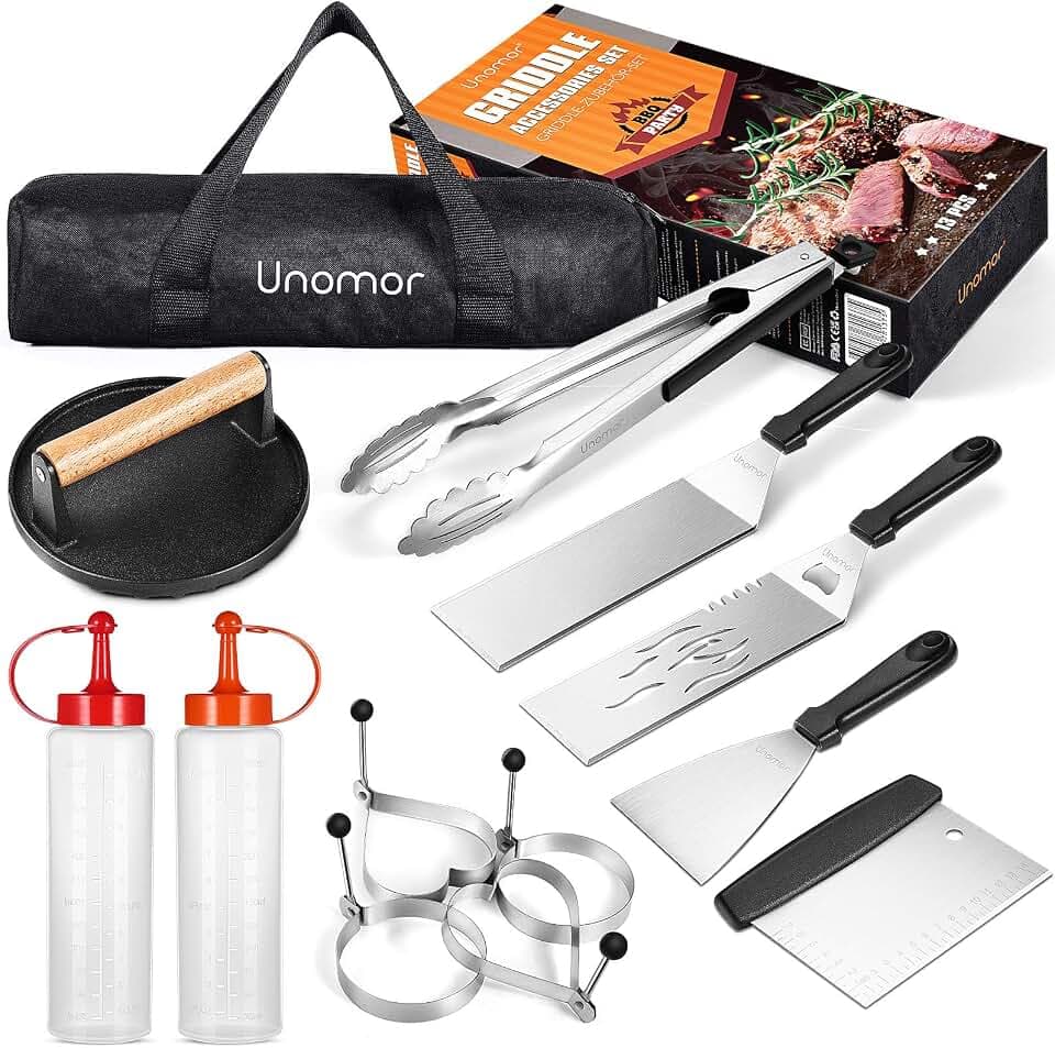 Griddle Accessories Tools Grill Kit: 13PCS Professional BBQ for Blackstone and Camp Chef with Cast Iron Grill Press Scraper Chopper Bottles Tongs Egg Rings and Carrying Bag for Outdoor Cooking