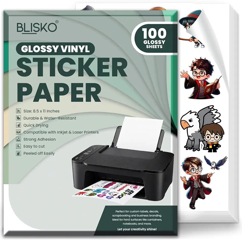 Printable Vinyl Sticker Paper, Glossy White Waterproof, 100 Sheets 8.5x11