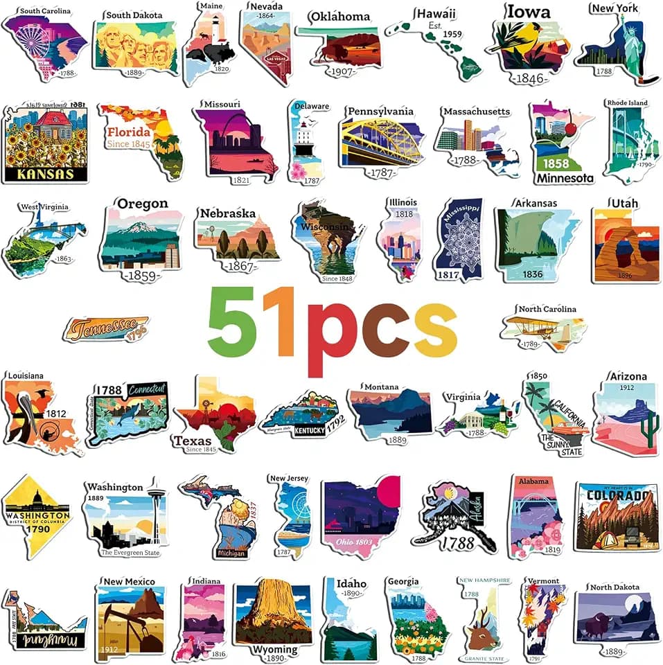 51 Pcs US State Fridge Magnets, 50 States + DC Map Magnets for Refrigerator, Strong Magnetic Decorative Magnets for Metal Surfaces, Travel Lovers Gifts