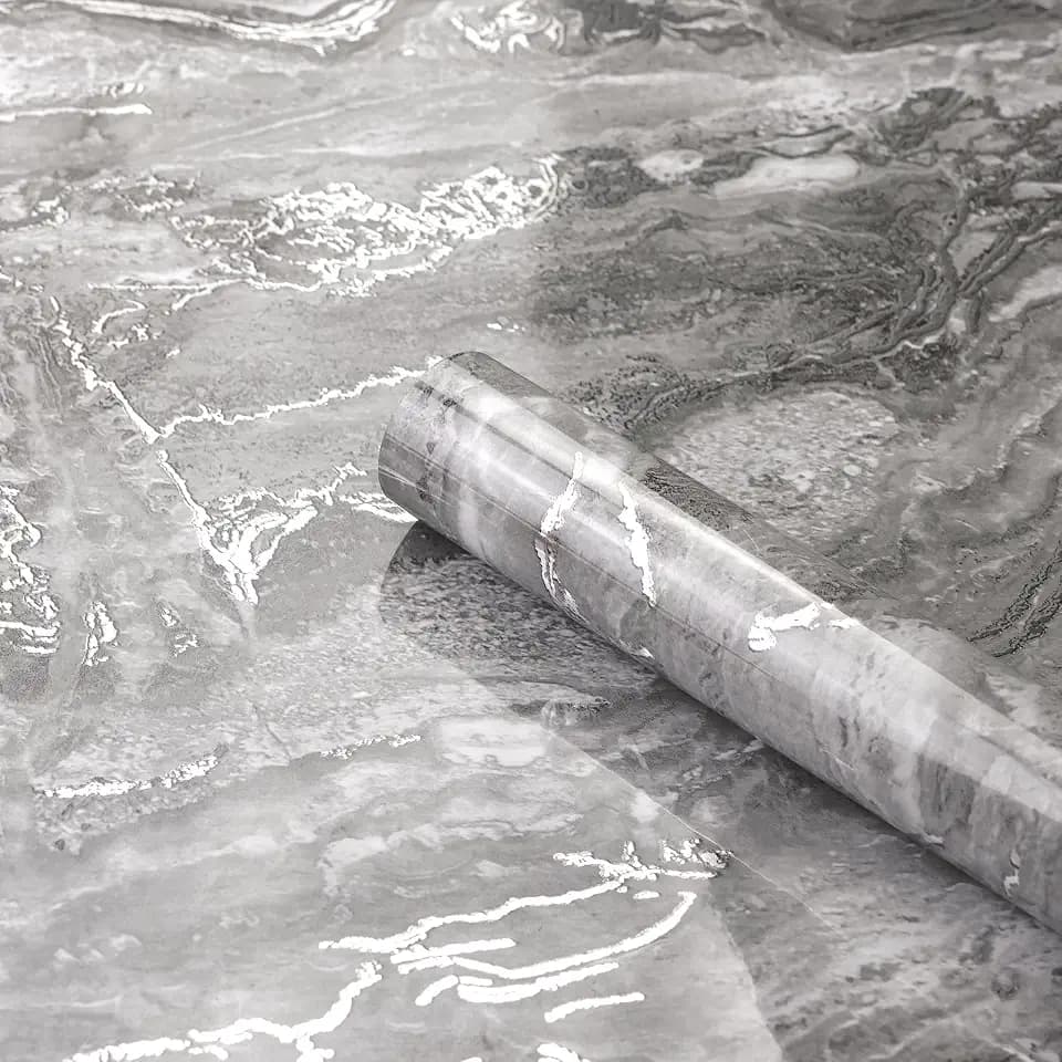 Gray and Silver Marble Contact Paper Modern Glossy Thick Peel and Stick Wallpaper A Set of 23.6"x472" Waterproof Self Adhesive Removable Wall Paper for Countertop Furniture Kitchen Bathroom