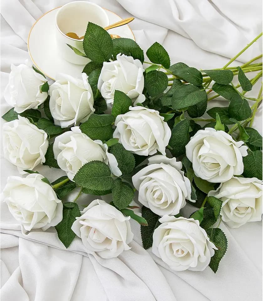 Hawesome 12PCS Artificial Flowers Fake Roses, Realistic Velvet Long Stem Red Roses Bouquet for Wedding Centerpiece Home Decor Party & Valentines (White)