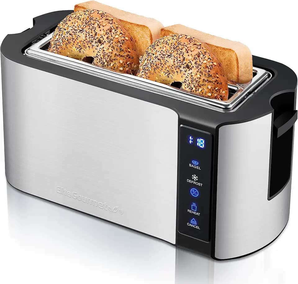 Elite Gourmet 4-Slice Long Slot Toaster, Extra-Wide Slots, Countdown Timer