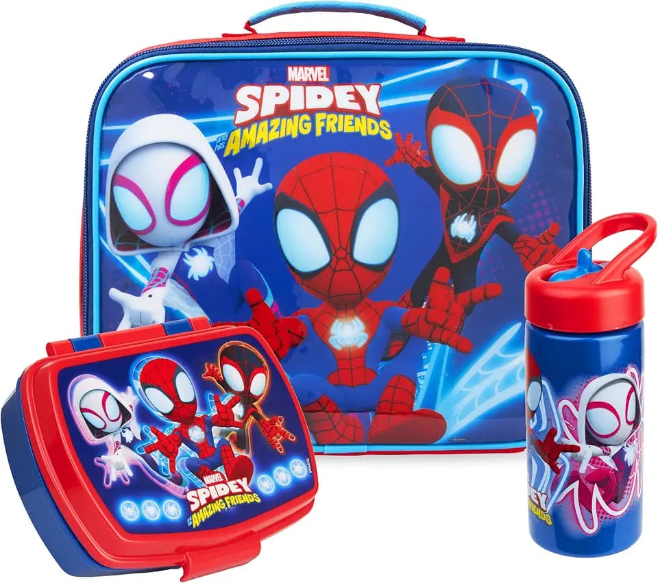 Get Trend Marvel Spidey Kids Insulated Lunch Bag 3Pc Set with Reusable Lunch Box & BPA-Free Water Bottle, Lightweight with Carry Handle & Name Card Window, Spider-Man Gifts for Boys (Multi Spidey)