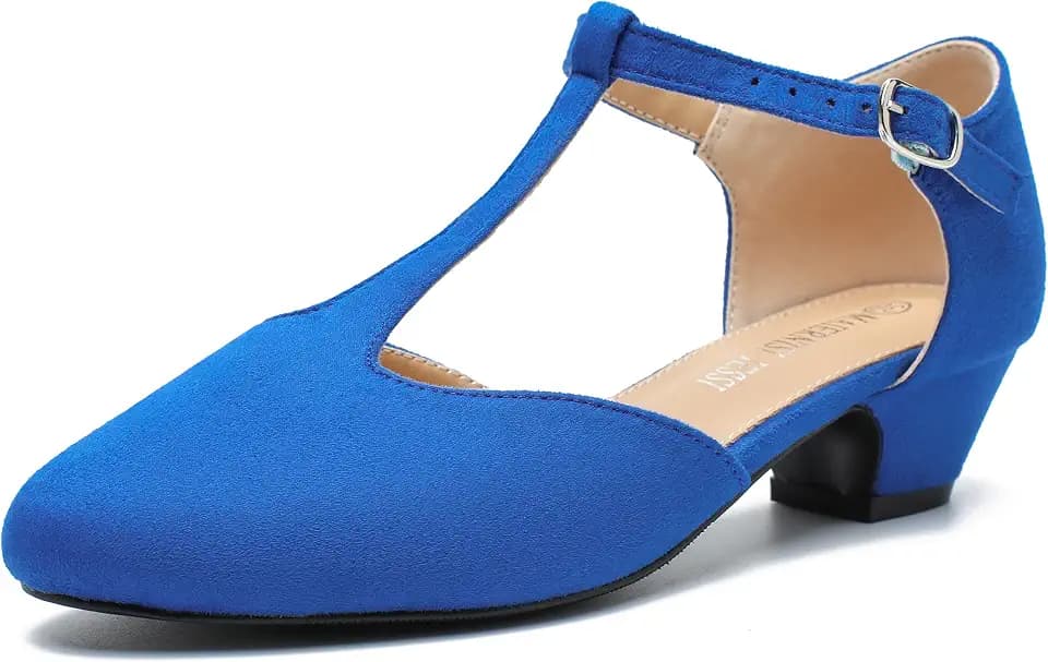 MAIERNISI JESSI Women's T-Strap Mary Jane Pumps, Low Block Heel, Closed Toe, Buckle Ankle Strap