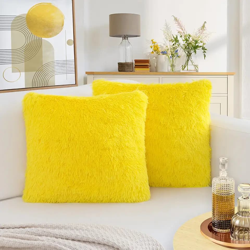BBiggood Yellow Throw Pillow Covers, Super Soft Faux Fur Pillow Cases Set of 2, 18 x 18, Room Decor