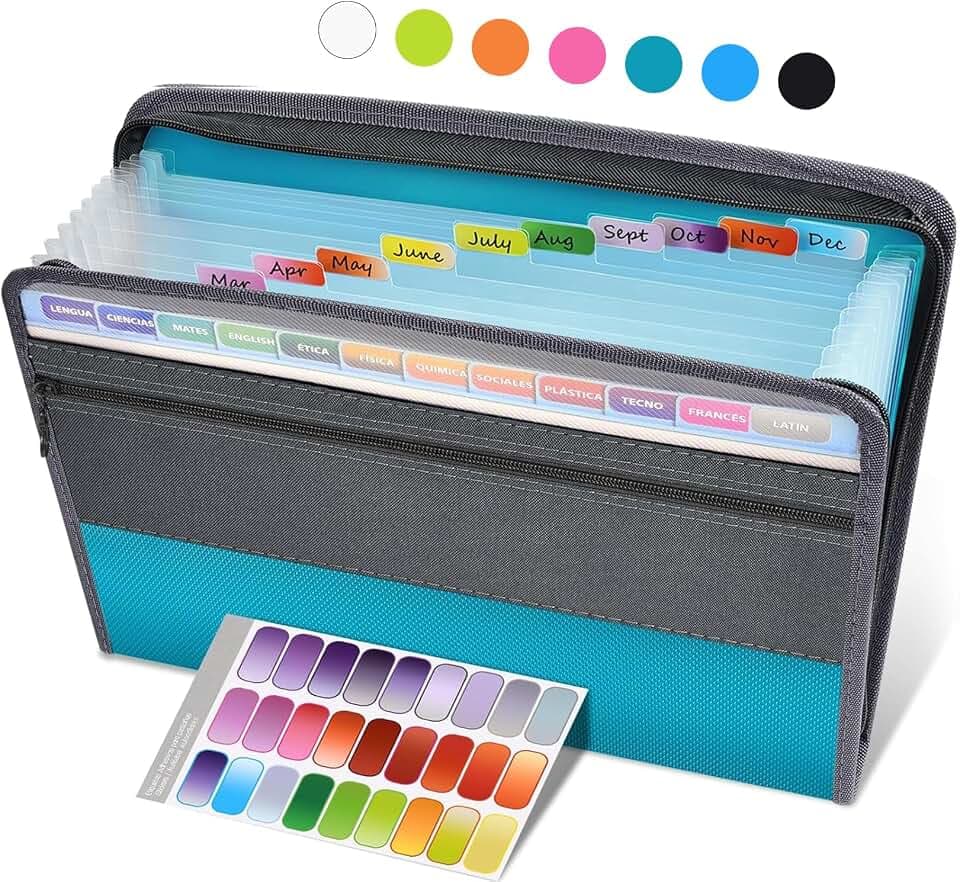 Sooez Accordion File Organizer with Safe Zipper, 12 Pocket Expanding File Folder with Front Pencil Pouch, Portable Monthly Paper Bill Tax Receipt Organizer, School Office Supplies, Letter Size, Teal