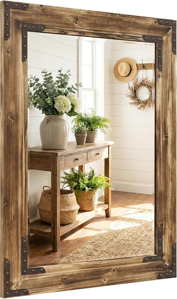 Rustic Brown 24x36 Inch Wood Bathroom Vanity Mirror, Rivets
