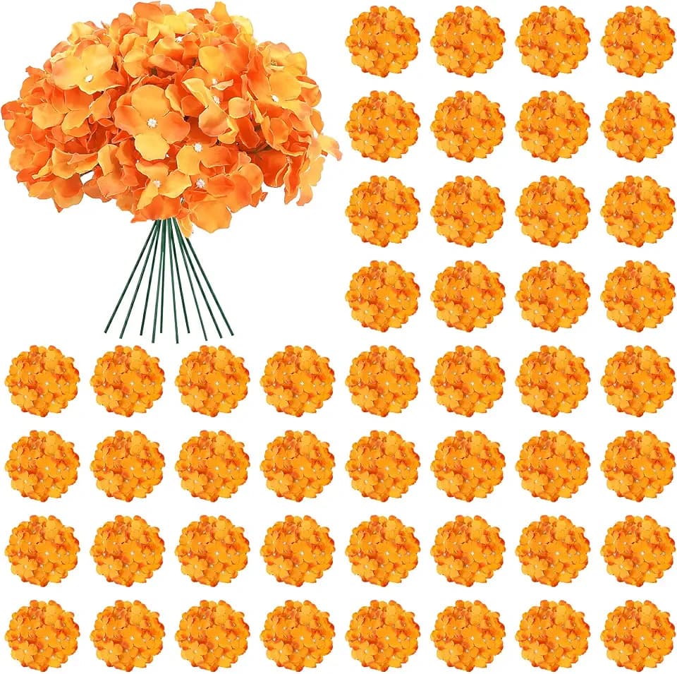 Auihiay 64Pcs Fall Hydrangea Artificial Flowers, Orange Faux Hydrangeas