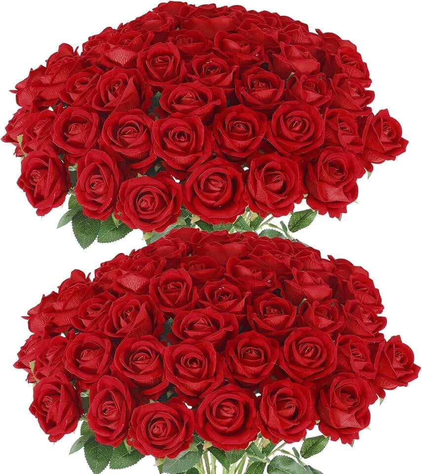 Hananona 50 Pcs Artificial Roses, Realistic Silk Red Flowers Bulk