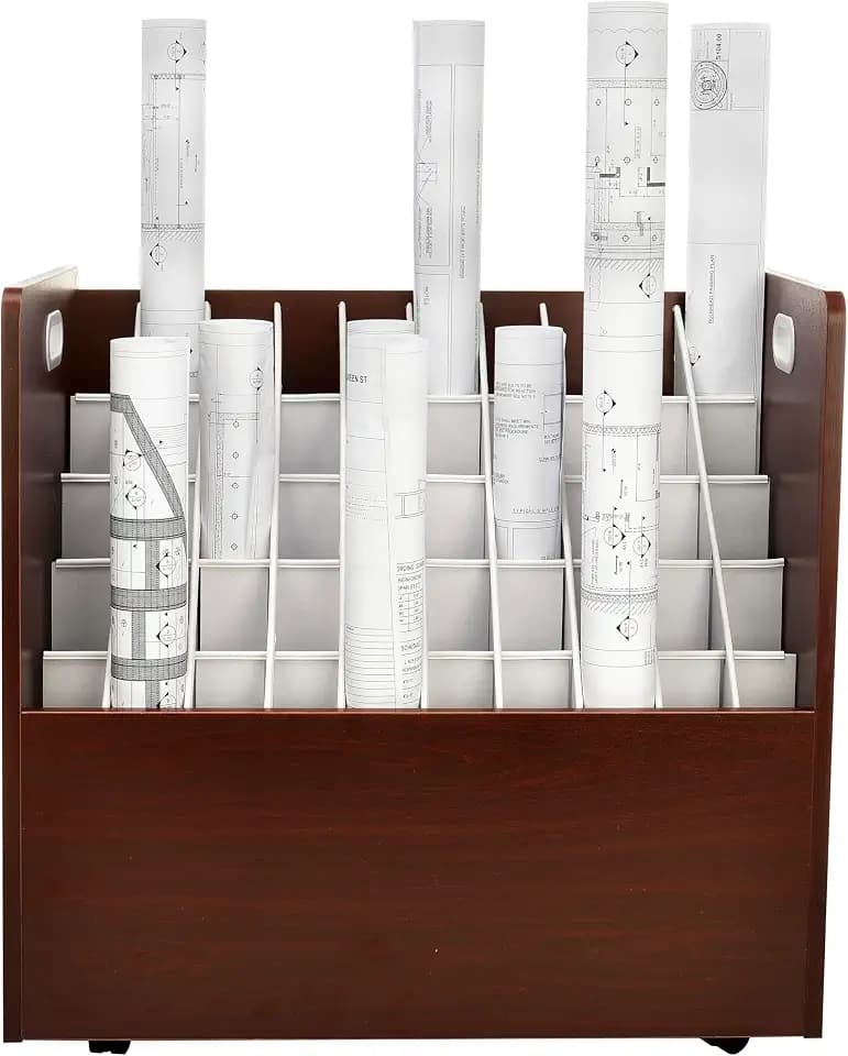 Adir Blue Print Storage Organizer - Mobile Roll File Cart, Construction Plan Holders, Blueprint Cabinet with Wheels, Roll Files Storage for Office and Home (50 Slots, Mahogany)