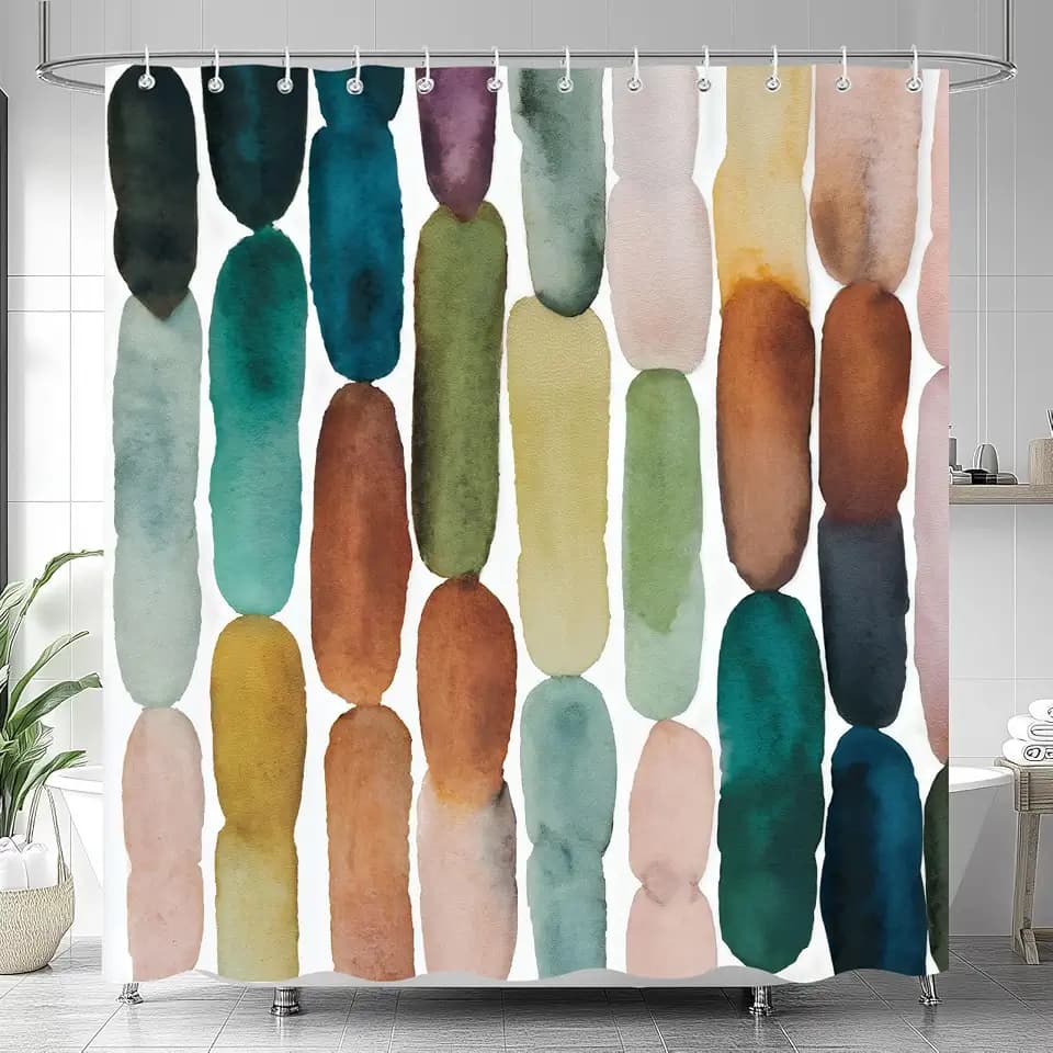 Modern Oval Shower Curtain, Watercolor Abstract Artistic Stripes Shower Curtains for Bathroom, Unique Pattern Olive Green Teal Yellow Brown Blue Decor Fabric Shower Curtain Sets 12 Hooks 72X84 IN