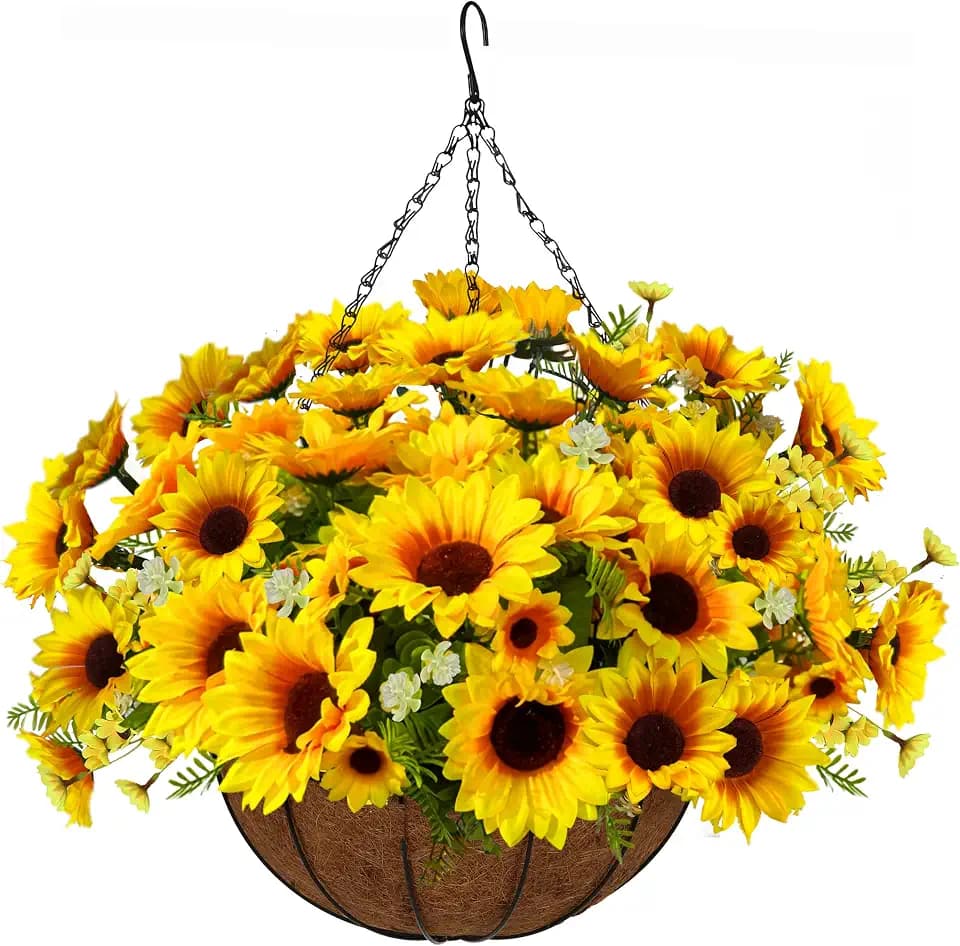 Florielle Artificial Hanging Flowers Basket, Fake Sunflowers Plants, Faux Silk Sunflower, for Spring Summer Fall Outdoor Decoration, UV Resistant, Look Real for Patio Garden Yard Porch Decor