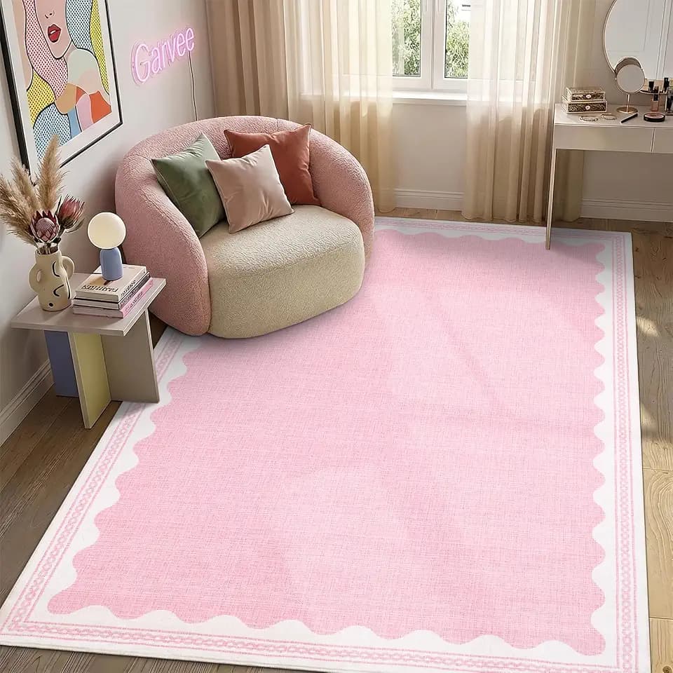 GarveeHome 4x6 Rug Non-Slip Washable Low-Pile Carpet - Scalloped Solid Pink Modern Minimalism Rugs for Bedroom Living Room Nursery Kitchen Entryway Indoor Mat with Rubber Back