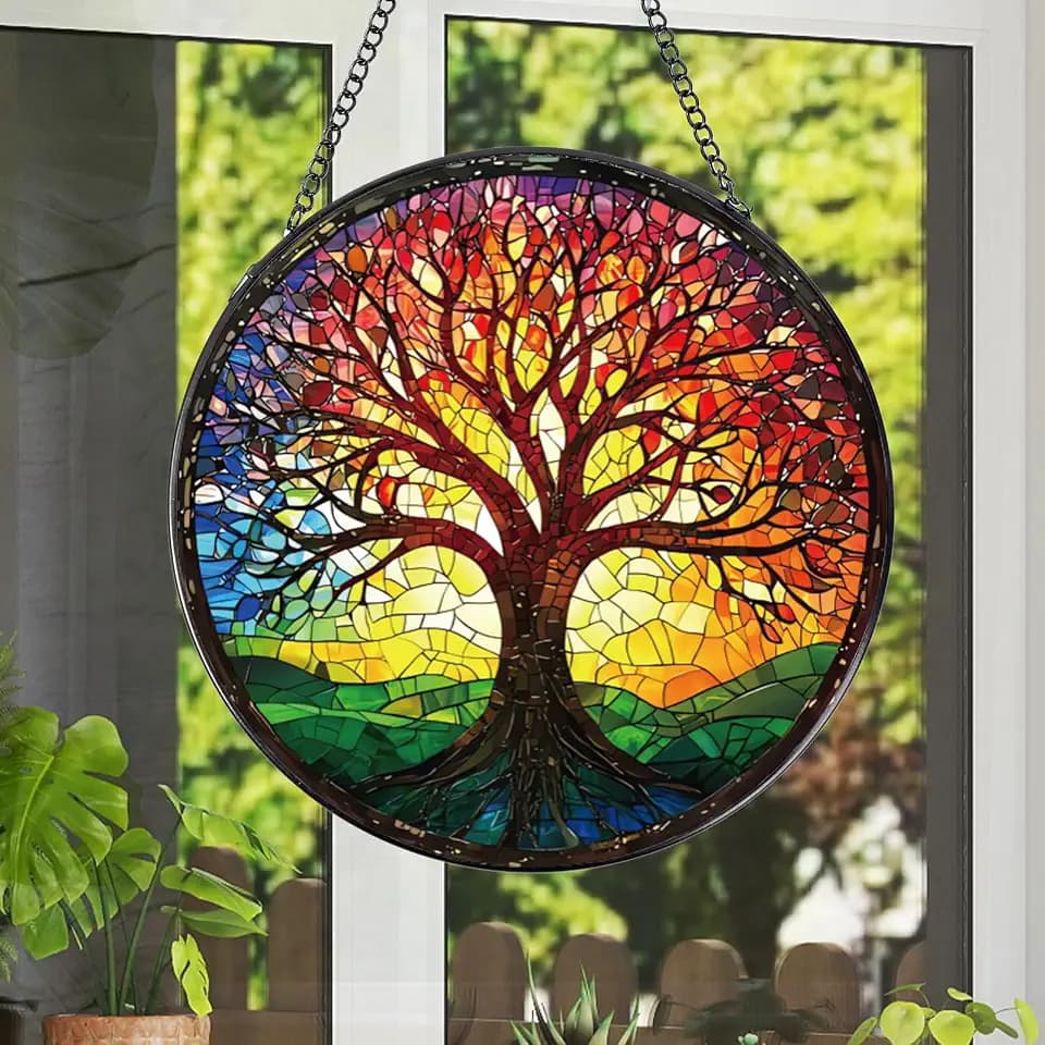 Rngmsi Tree of Life Stained Glass Sun Catcher 7.8 Inch Window Home Decor