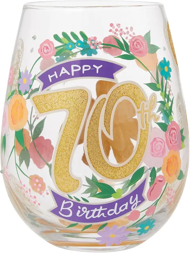 Enesco Lolita Designs Happy 70th Birthday Hand-Painted Artisan Stemless Wine Glass, 20 Ounce, Multicolor