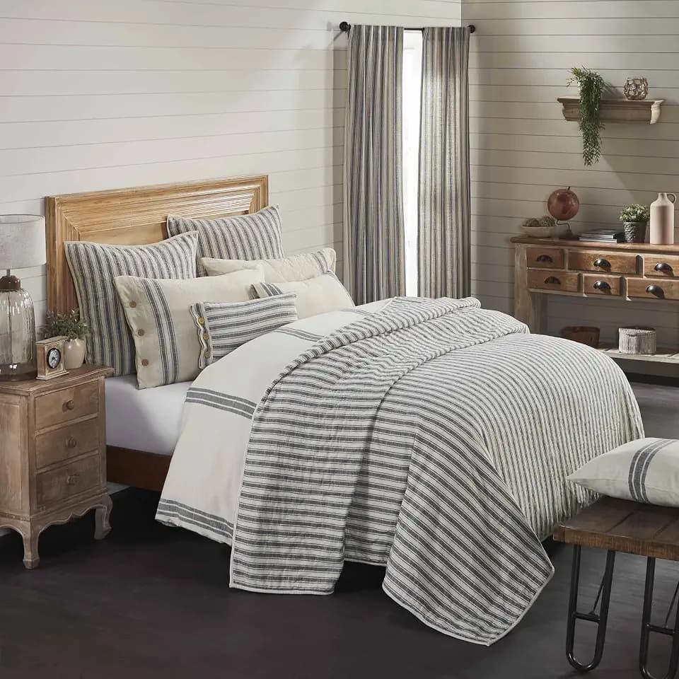 Market Place Gray Luxury King Quilt, 100% Cotton Quilted Bedspread with Gray Ticking, Hand Quilted Grain Sack Bed Spread Bedding for Boho, Shabby Chic and Rustic Farmhouse Decor (105”x120”) …