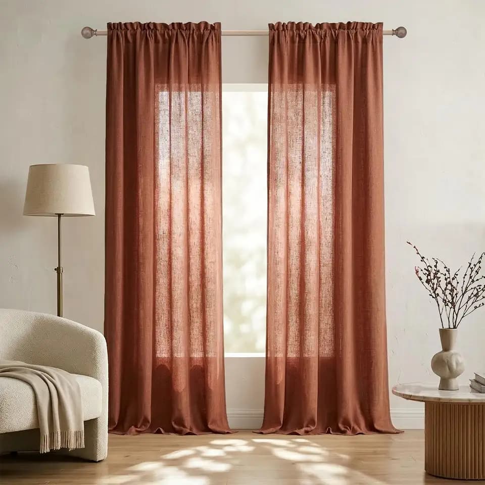 Mrs.Naturall Terracotta Rust Boho Curtains, Rod Pocket Linen Semi Sheer Decorative Curtains for Living Room Bedroom Closet Door 84 Inch Length 2 Panel Set