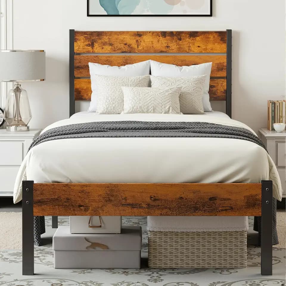 Simple Deluxe Twin Size Bed Frame with Headboard & Footboard, Metal Platform Bed Frame with Wooden Slats, Heavy Duty Mattress Foundation, No Box Spring Needed, Easy Assembly