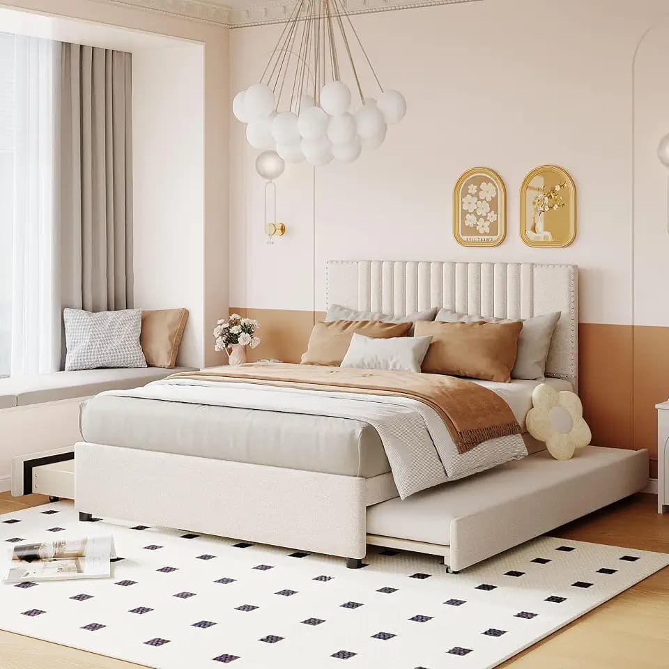 Full Size Upholstered Platform Bed with 2 Drawers and Twin Size Trundle,Modern Solid Wood Bed Frame W/Classic Headboard Design, for Bedroom, Apartment,Beige