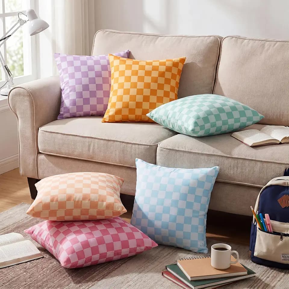 Breling 6 Pcs Pastel Checkered Pillow Covers 18x18, Throw Pillowcases