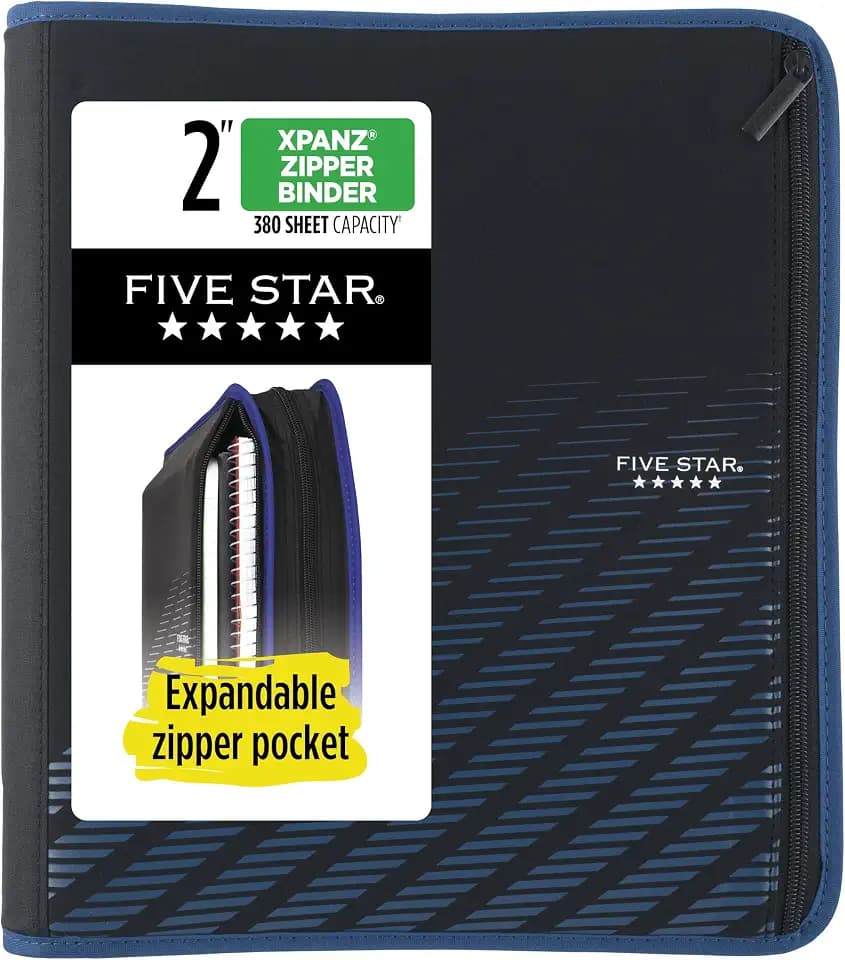 Five Star Zipper Binder, 2 Inch 3-Ring Xpanz Case Binder with Expansion Panel, Removable Pencil Pouch, 380 Sheet Capacity, Black & Blue (280109A)