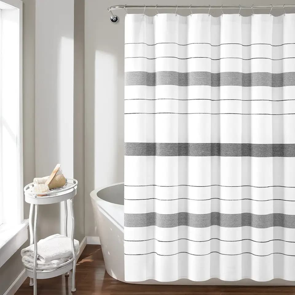 Lush Decor Chic Stripe Yarn Dyed Cotton Blend Shower Curtain Single 72" W x 72" L Black & Gray - Striped Shower Curtains for Bathroom - Bathroom Curtain