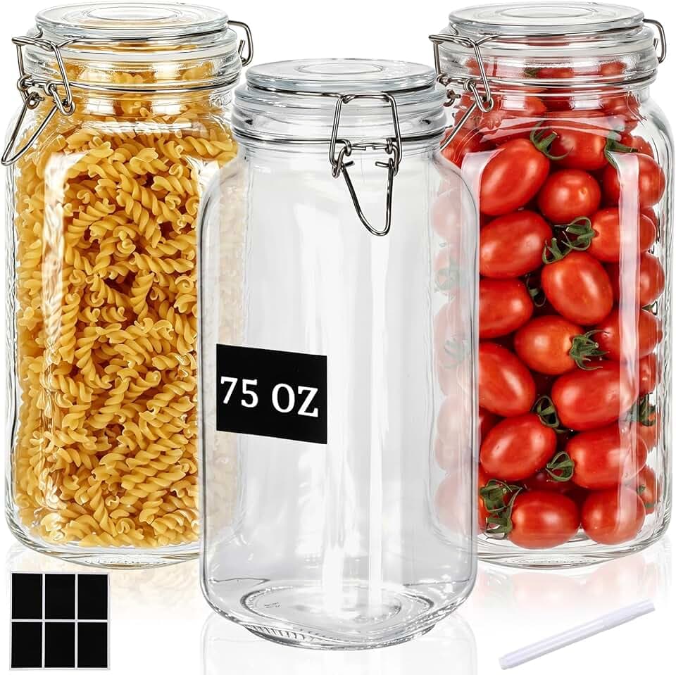 Suclain 3 Pack 75 oz Square Glass Food Storage Jars with Airtight Clamp Lids Large Kitchen Clear Canisters for Flour, Cereal, Coffee, Pasta and Canning Wide Mouth Mason Jar with 6 Labels & 1 Pen