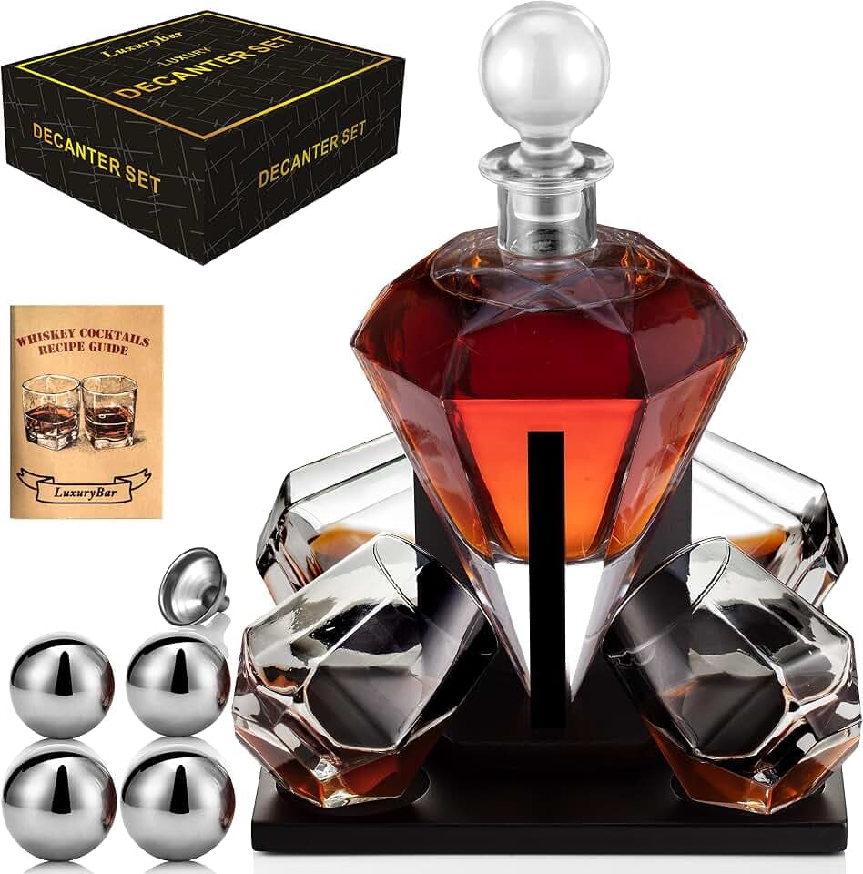 Diamond Whiskey Decanter Set 4 ChillBall Glasses&Tray Decanter Sets for Men