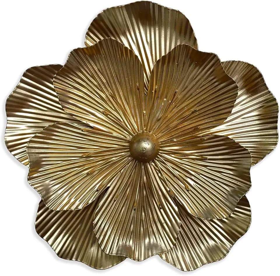 Metal Flower Wall Art Decor, 9" Gold Rustic Modern Floral Sculpture